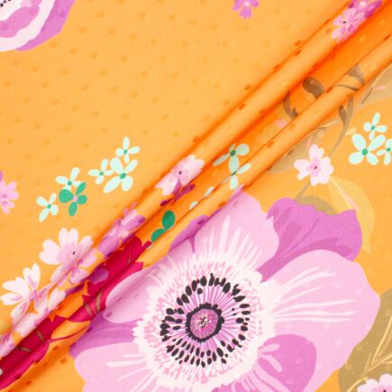 Purple & Pink Floral Printed Orange Silk Jacquard