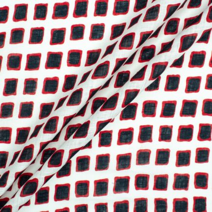 Navy Blue & Red Squares Printed White Pure Linen